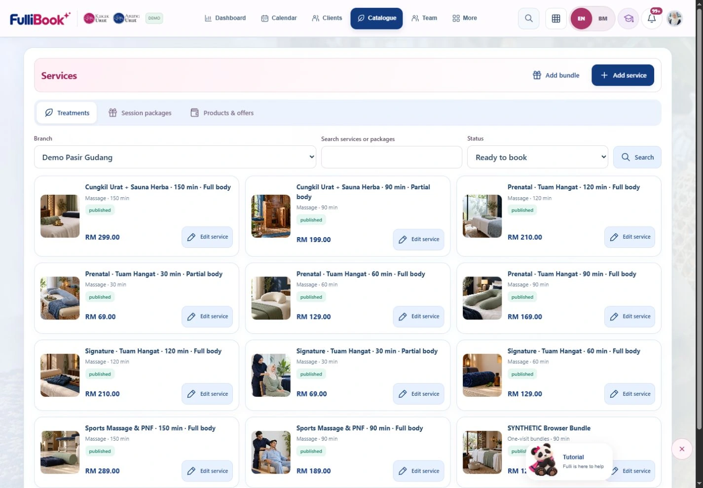 Actual FulliBook Catalogue screen with synthetic demo data