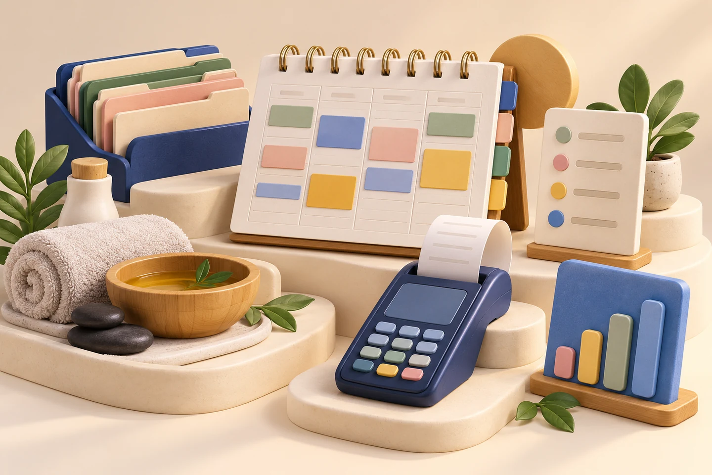 Colourful sculptural planner, receipt terminal, treatment towels and client folders connecting a team's work