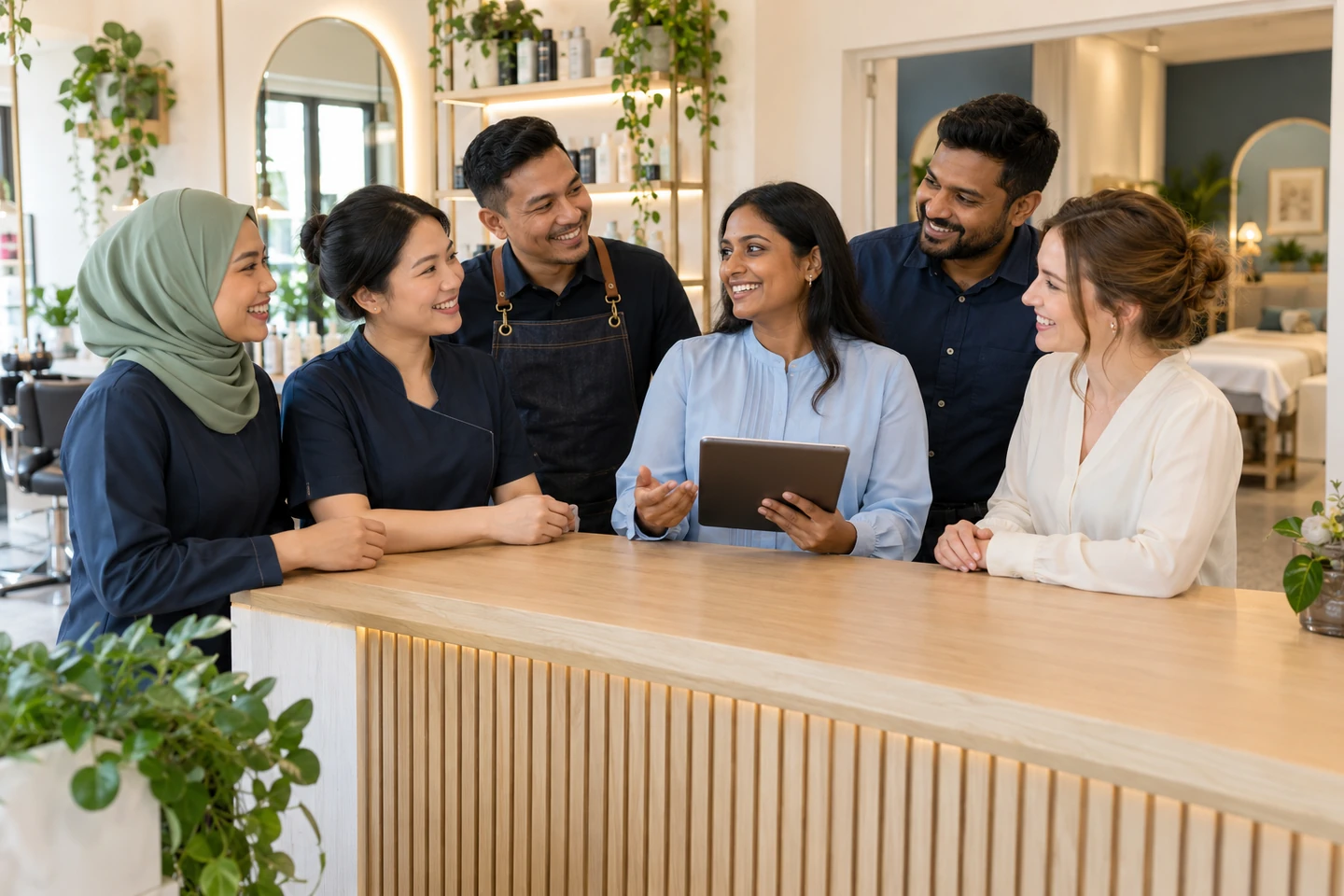 Fictional adult service-business team with women and men collaborating in modest workwear