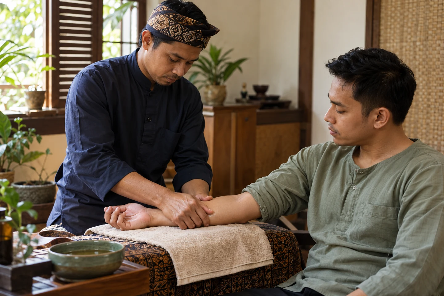 Fictional adult Malaysian practitioner performing a traditional forearm massage