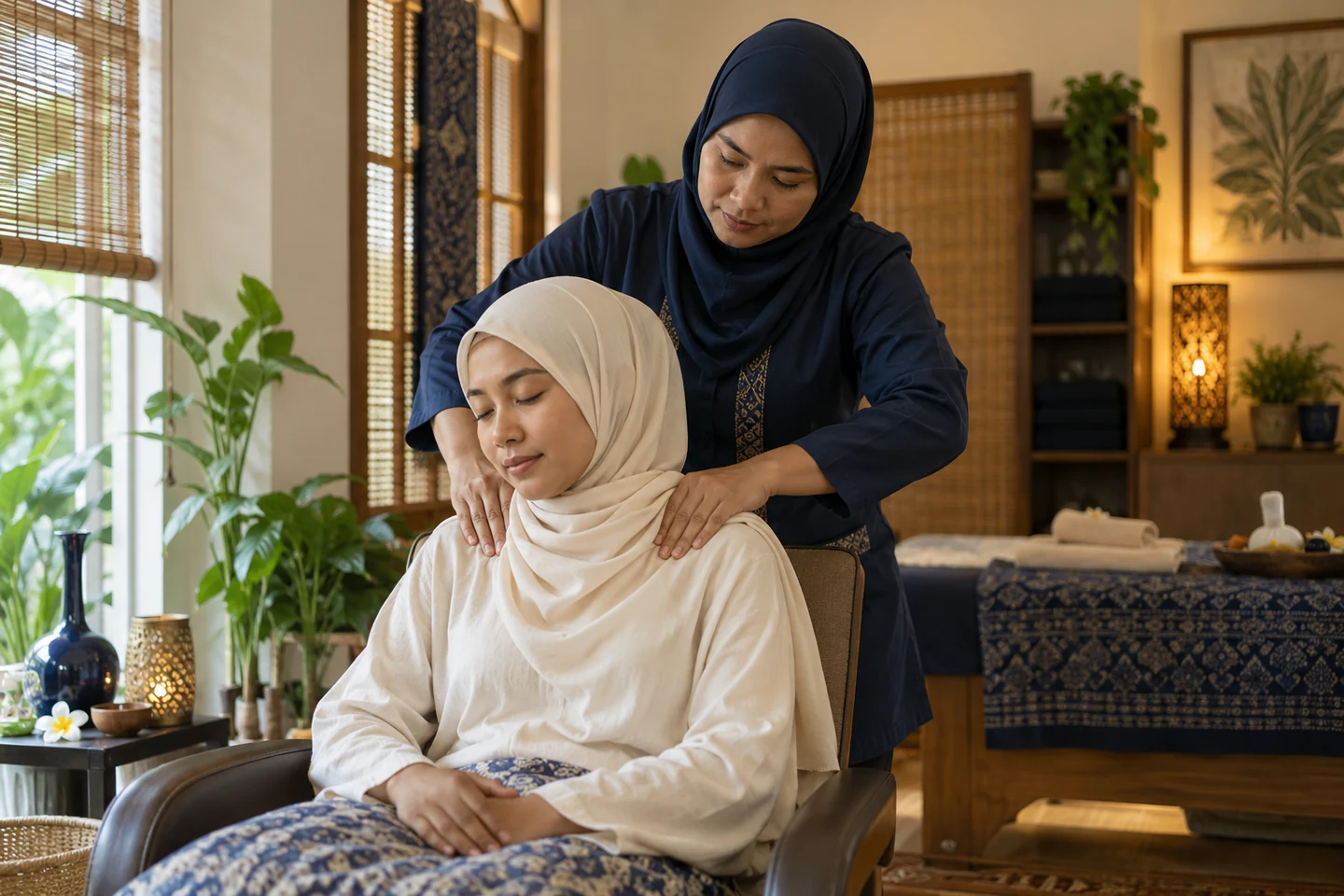 Fictional adult Malaysian women during a modest traditional shoulder massage